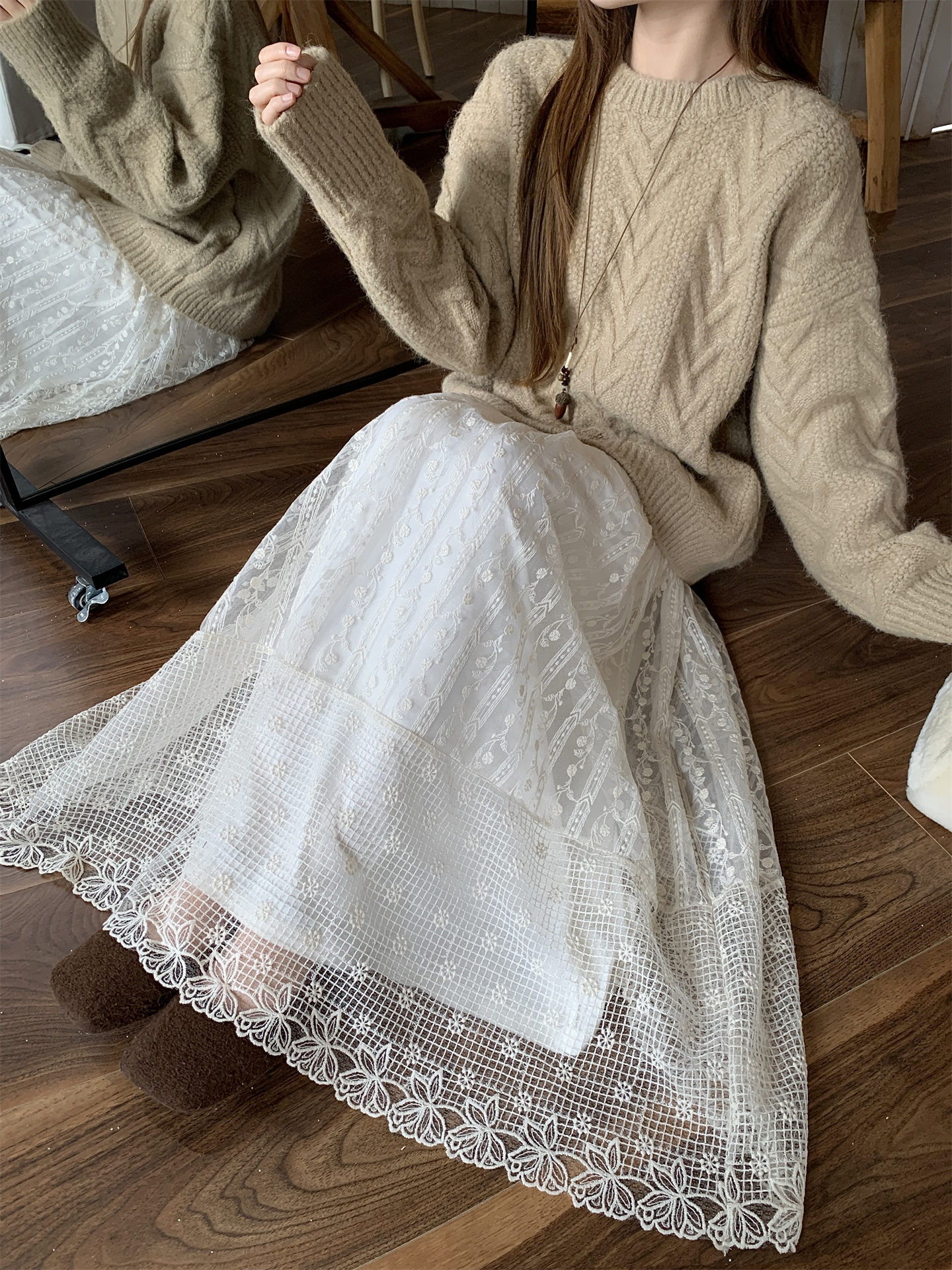 Apricot Lace Jacquard A-Line Skirt with Embroidered Details - Image 2