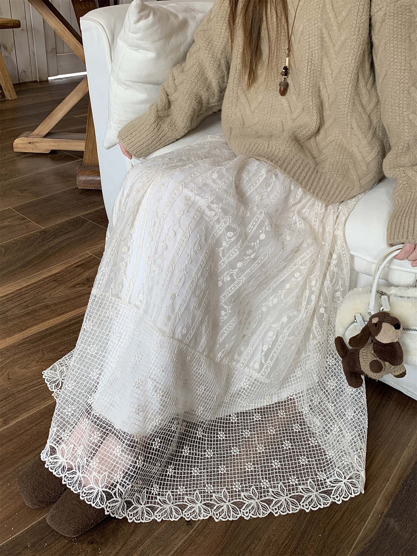 Apricot Lace Jacquard A-Line Skirt with Embroidered Details - Image 3