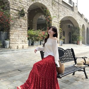 Sweet and Spicy Vacation Style One-Shoulder Long Sleeve Top and Floral A-Line Skirt Two-Piece Set