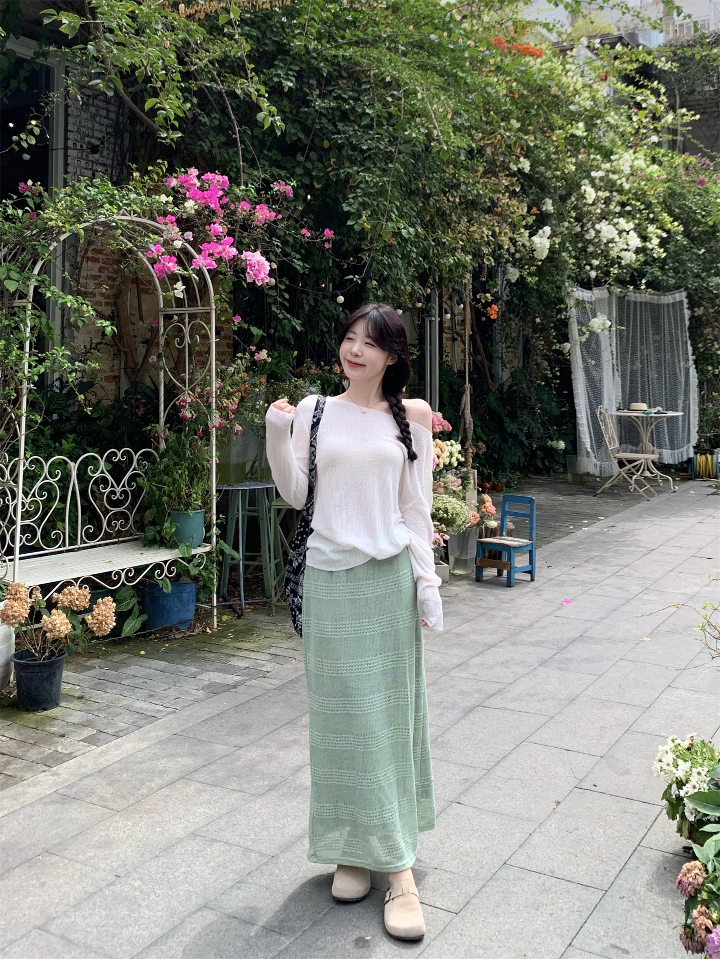 Sweet Textured Off-Shoulder Top and Vintage A-Line Skirt Two-Piece Set - Image 3