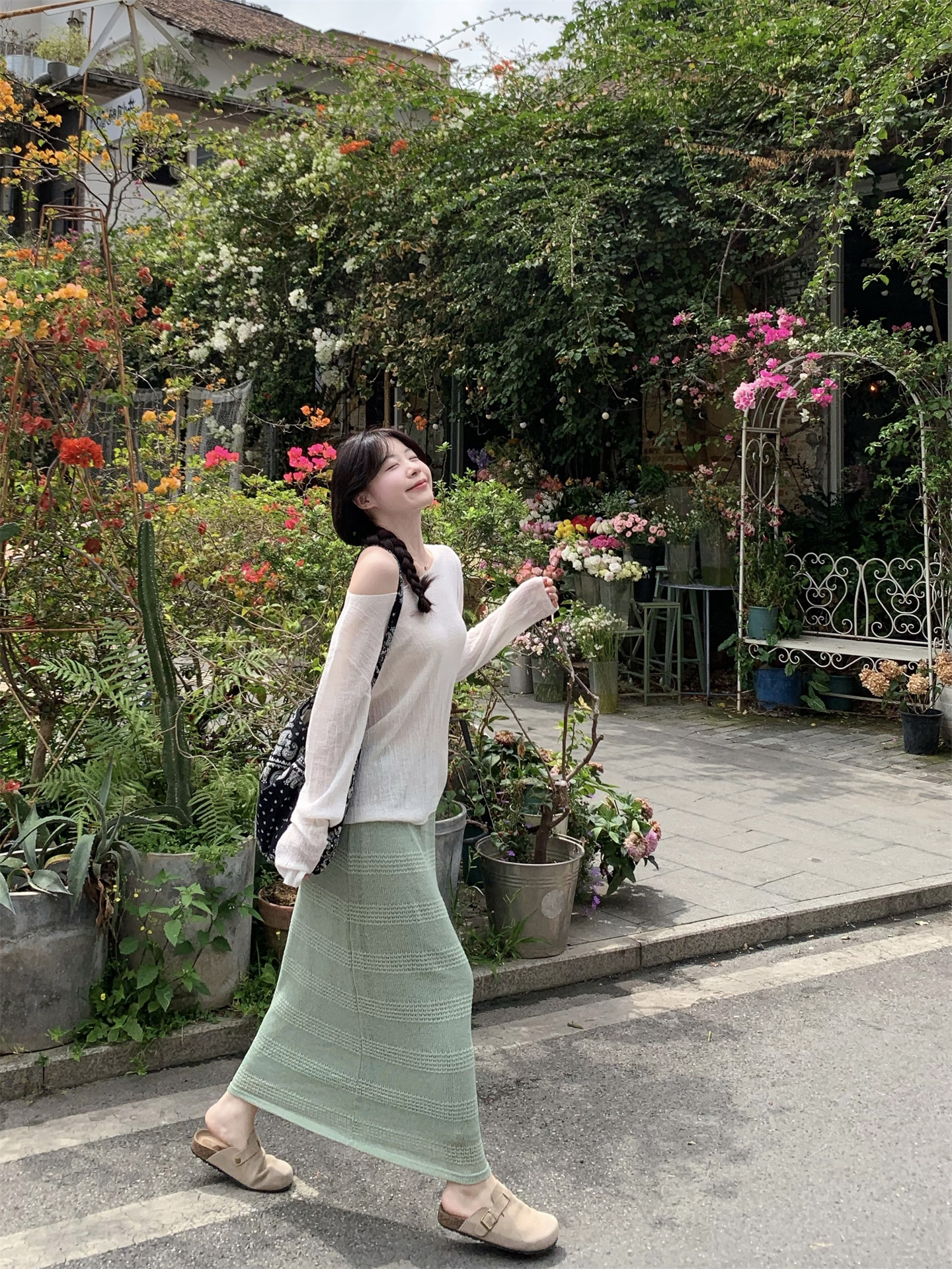 Sweet Textured Off-Shoulder Top and Vintage A-Line Skirt Two-Piece Set - Image 4