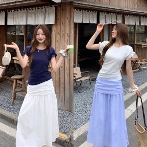 Sweet Ruffle Short Sleeve Top and A-Line Long Skirt Two-Piece Set