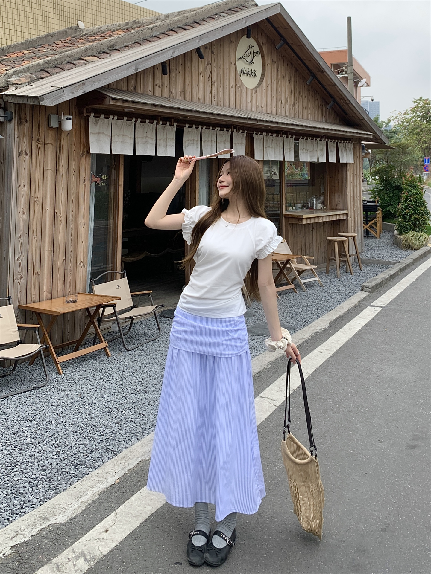 Sweet Ruffle Short Sleeve Top and A-Line Long Skirt Two-Piece Set - Image 2