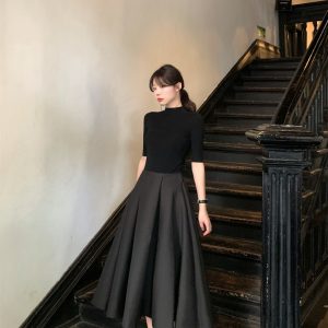 French Hepburn Style Half Turtleneck Knit Top and High Waist A Line Umbrella Skirt Set