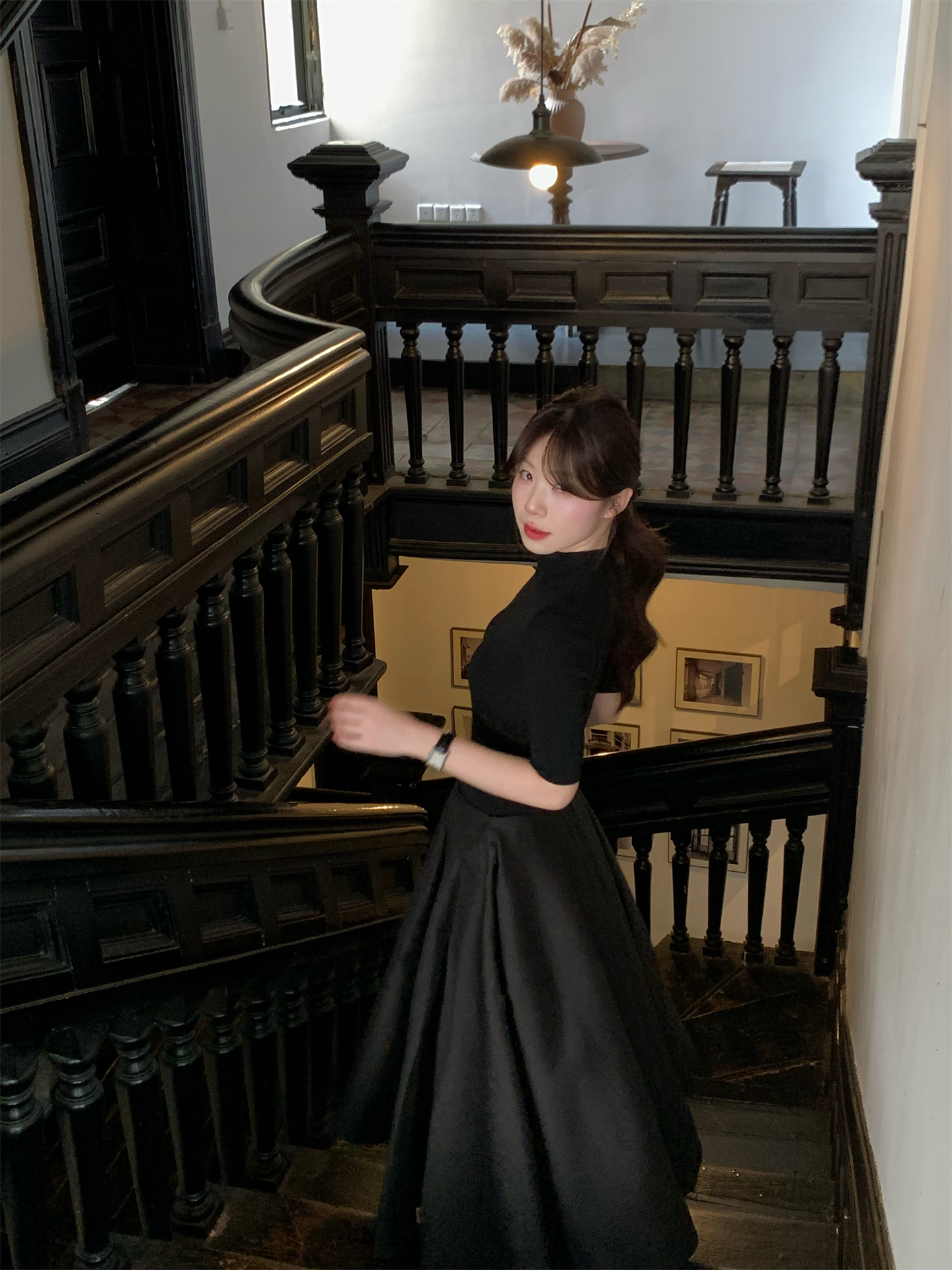 French Hepburn Style Half Turtleneck Knit Top and High Waist A Line Umbrella Skirt Set - Image 2