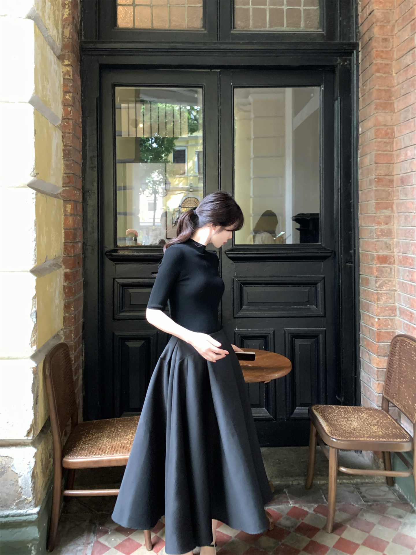 French Hepburn Style Half Turtleneck Knit Top and High Waist A Line Umbrella Skirt Set - Image 3