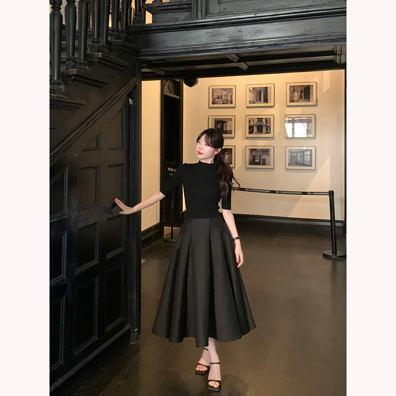 French Hepburn Style Half Turtleneck Knit Top and High Waist A Line Umbrella Skirt Set - Image 5