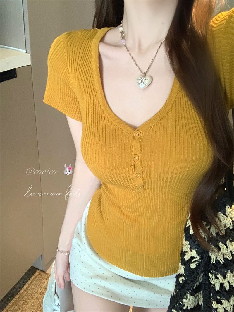 Women's V-Neck Short Sleeve Knit Sweater 2026 Summer Korean Style Slim Fit Top - Image 4
