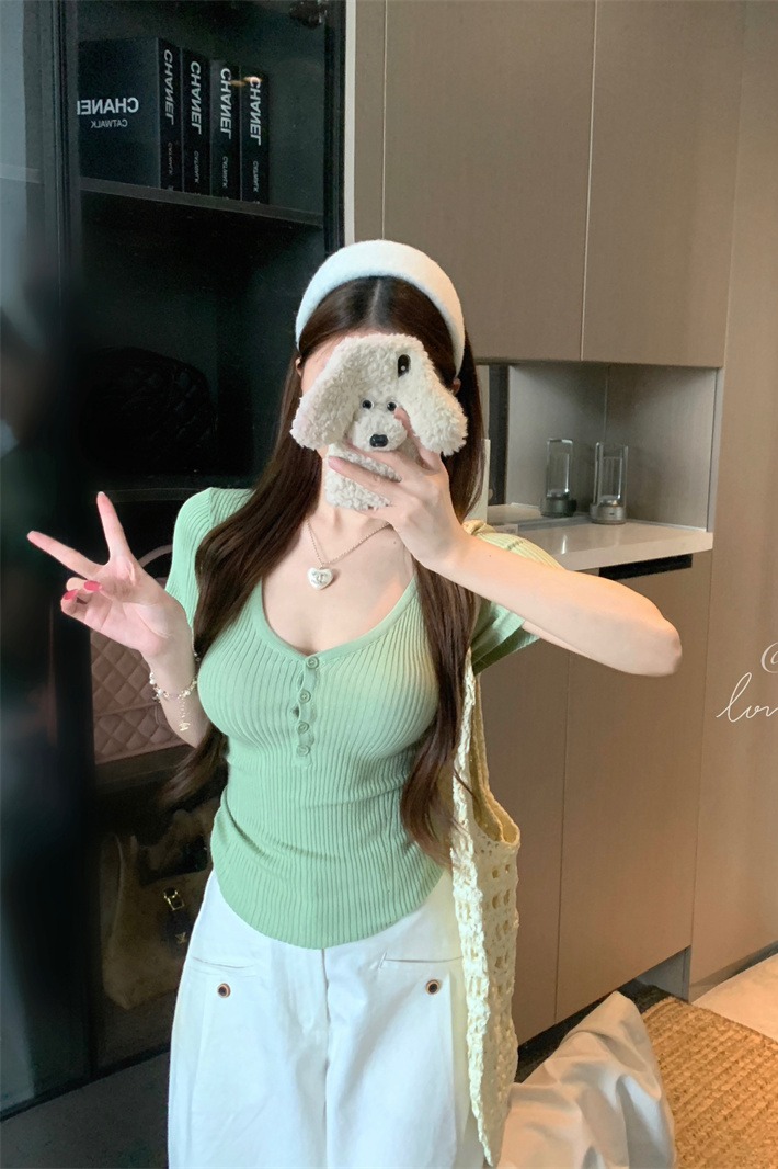 Women's V-Neck Short Sleeve Knit Sweater 2026 Summer Korean Style Slim Fit Top - Image 5