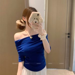 Women's Off-Shoulder Knit Short-Sleeve T-Shirt Summer Slim Fit Top