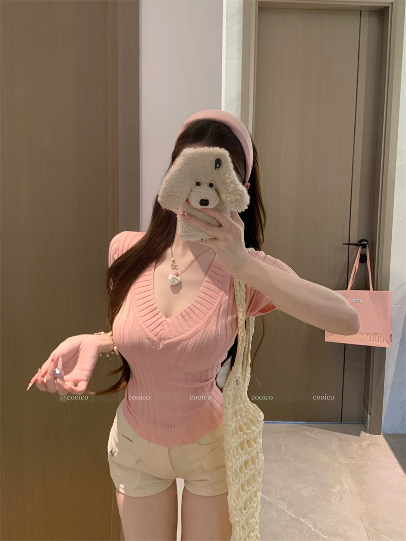 New Solid V-Neck Ribbed Short Sleeve T-Shirt Women Summer Slimming Top - Image 2