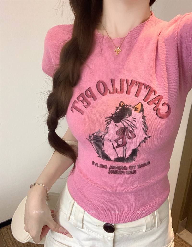 Women's Slim Fit Knit Cat Print Short Sleeve T-Shirt - Image 4