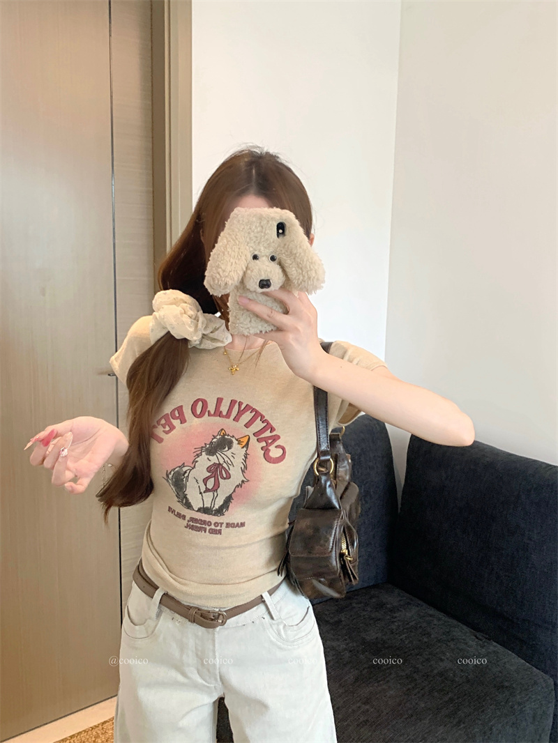 Women's Slim Fit Knit Cat Print Short Sleeve T-Shirt - Image 2