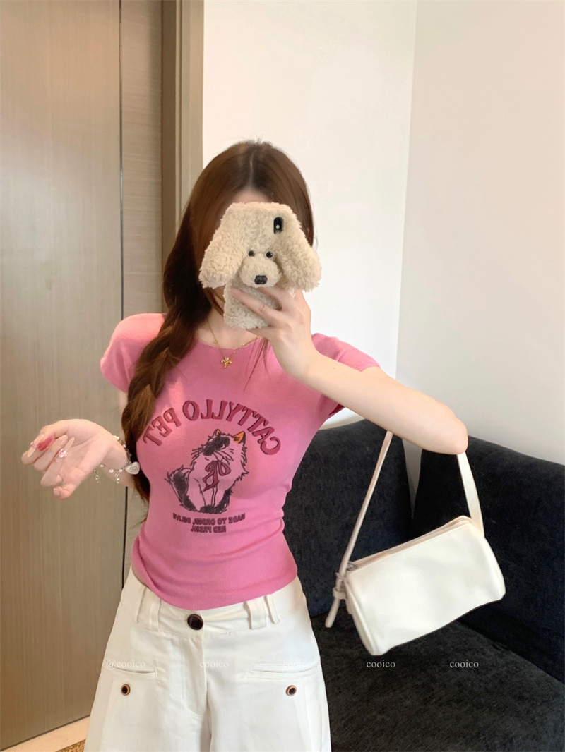 Women's Slim Fit Knit Cat Print Short Sleeve T-Shirt