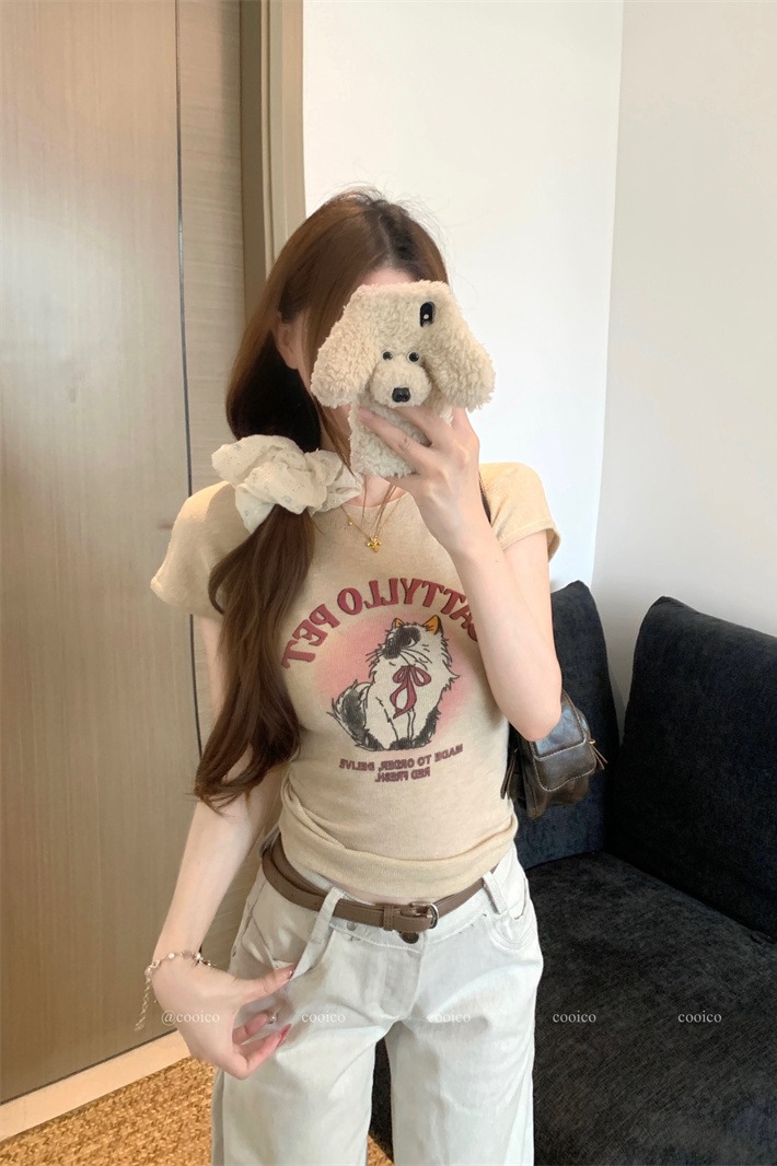 Women's Slim Fit Knit Cat Print Short Sleeve T-Shirt - Image 5
