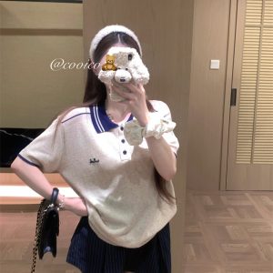 Modern Retro Textured Floral Linen Color Block Vintage Lapel T-Shirt