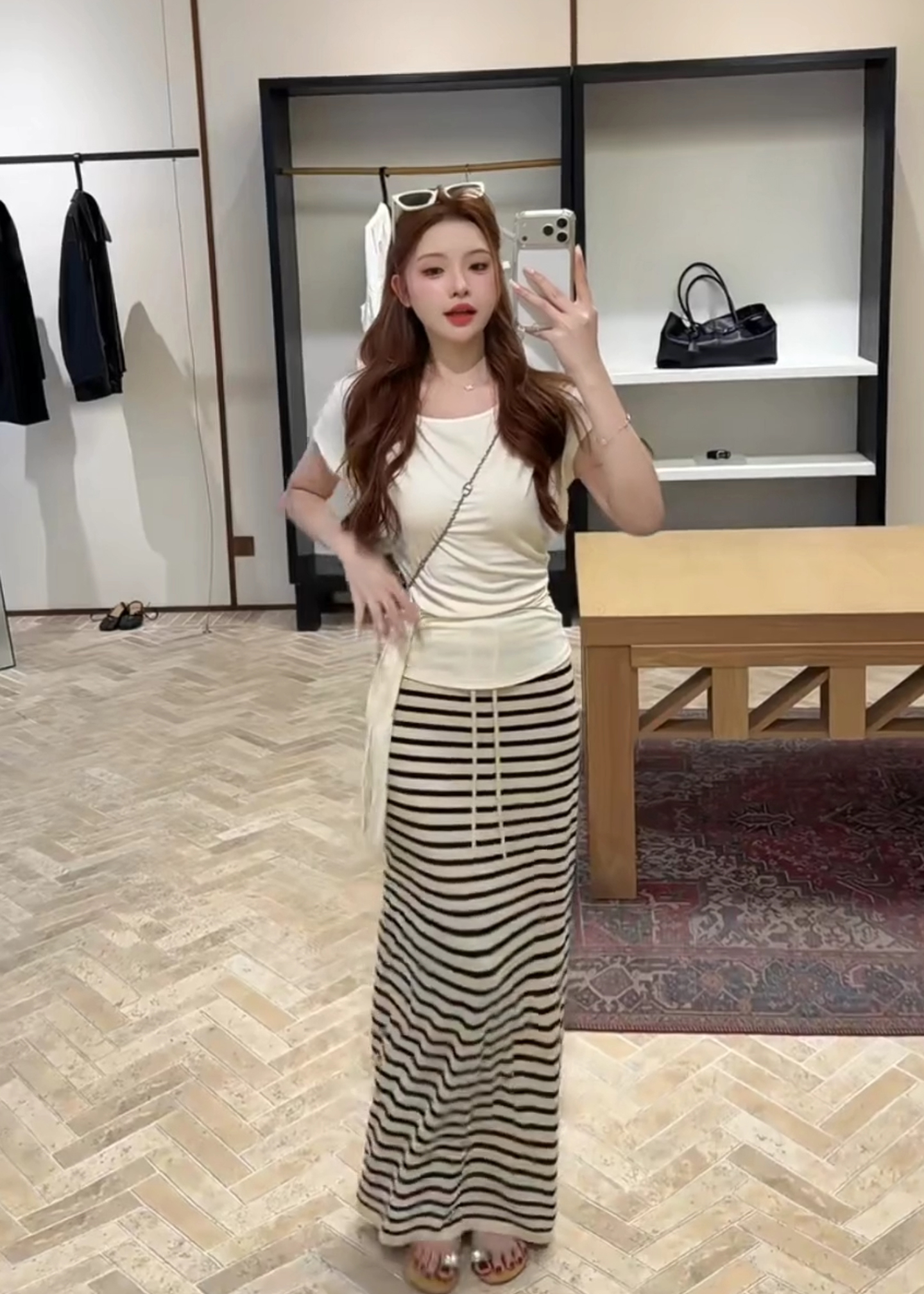 Striped Drawstring Midi Skirt for Women Summer Relaxed Straight Fit