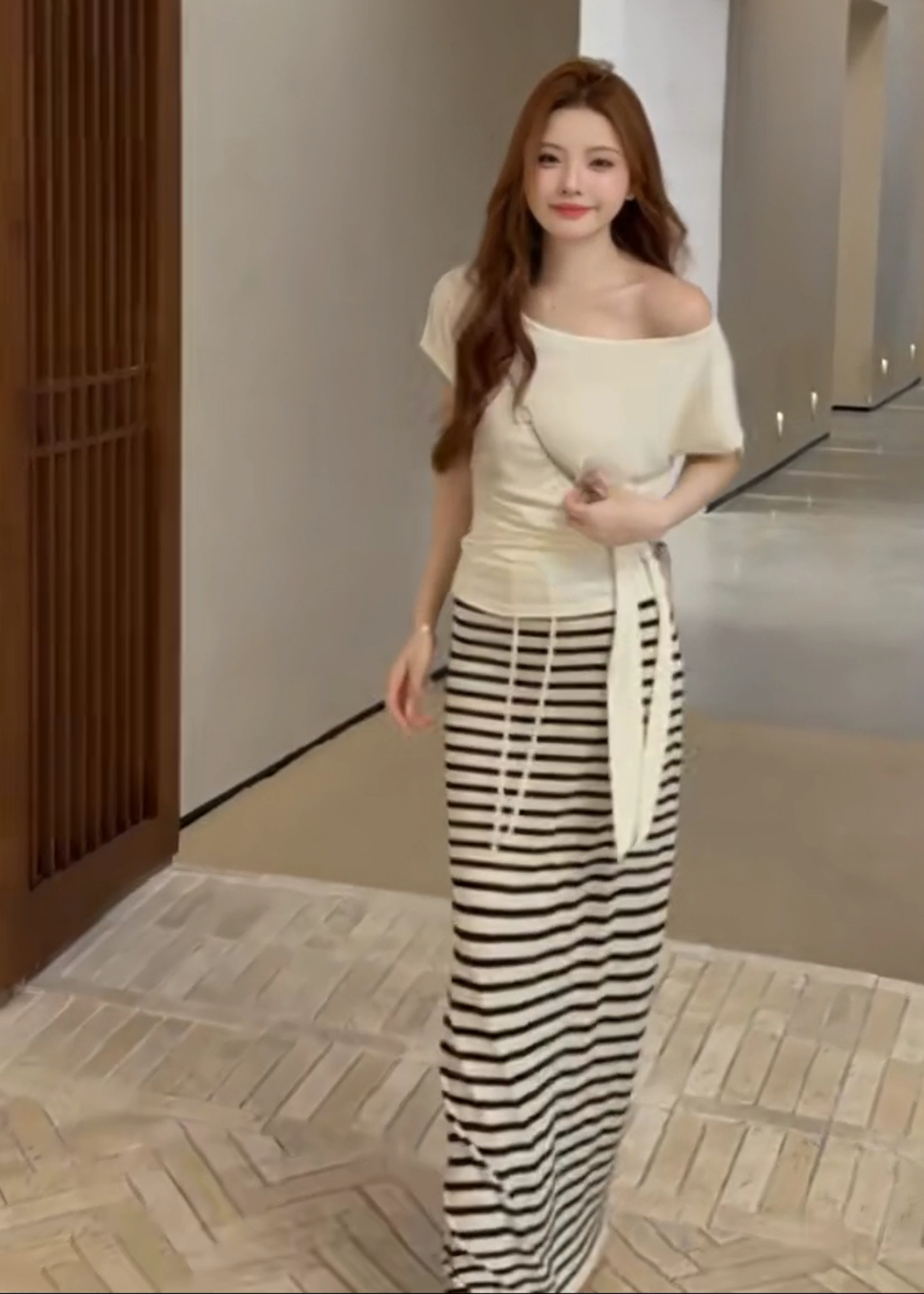 Striped Drawstring Midi Skirt for Women Summer Relaxed Straight Fit - Image 3