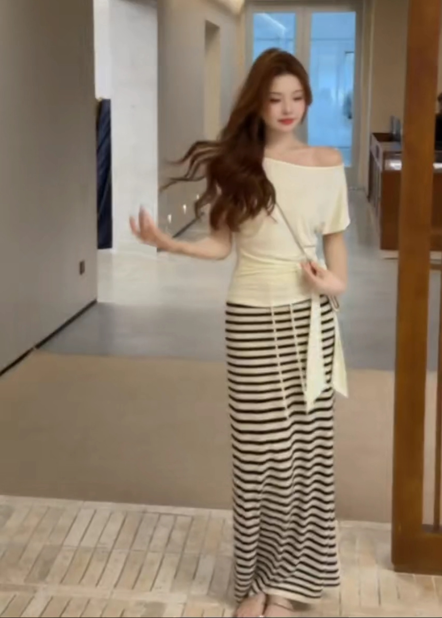 Striped Drawstring Midi Skirt for Women Summer Relaxed Straight Fit - Image 4