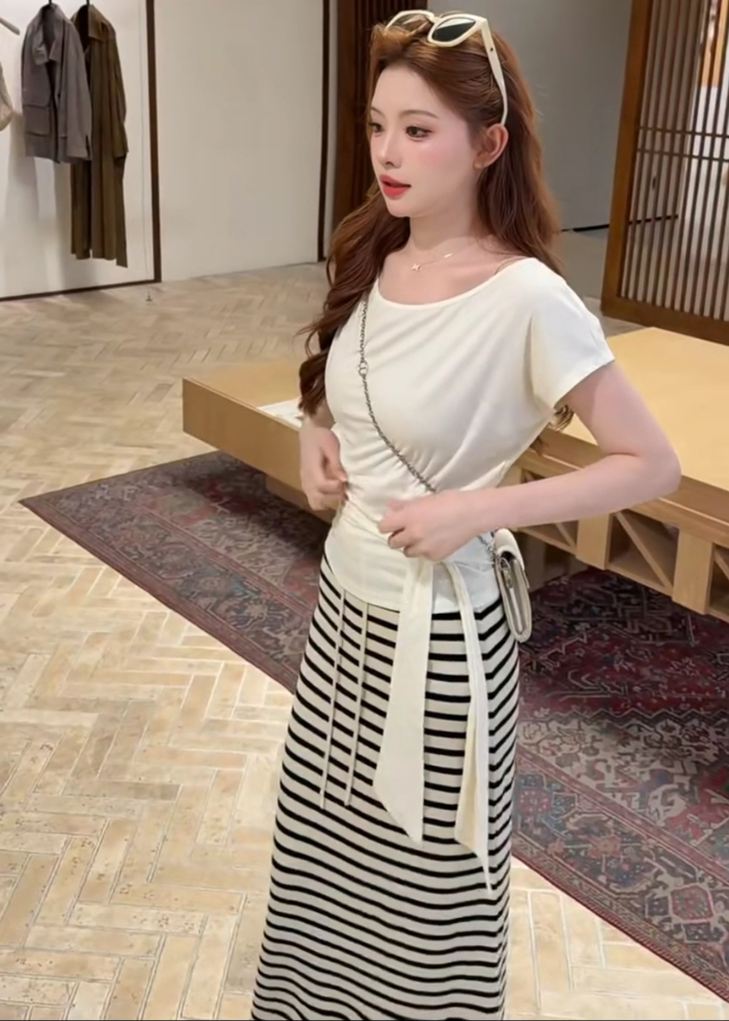 Striped Drawstring Midi Skirt for Women Summer Relaxed Straight Fit - Image 2