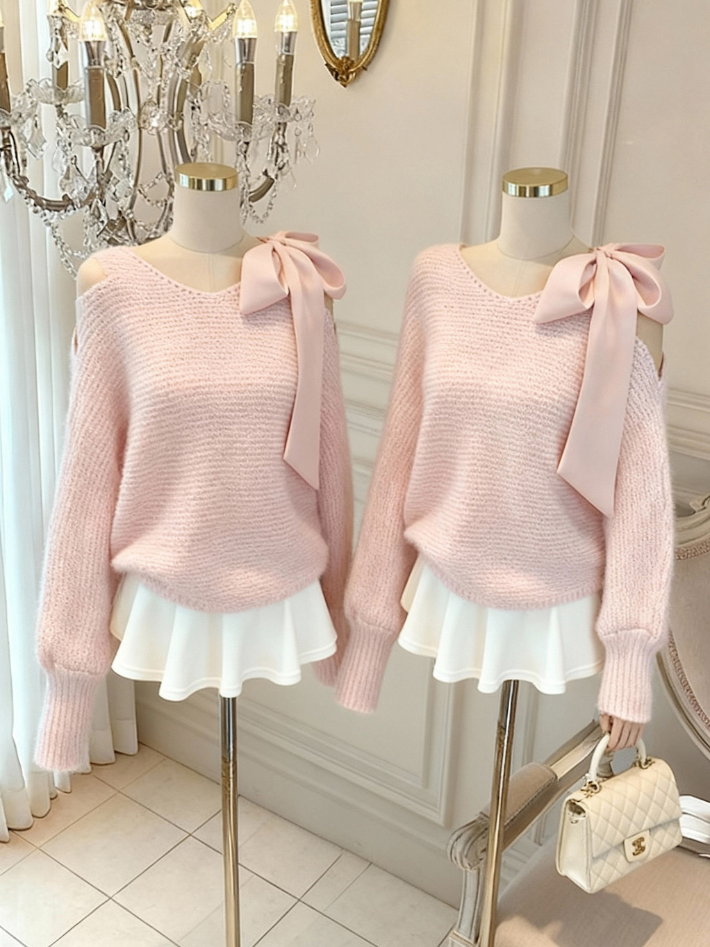 Sweet V-Neck Tie Long Sleeve Knit Sweater for Women