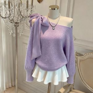 Sweet V-Neck Tie-Front Long-Sleeve Knit Sweater for Women