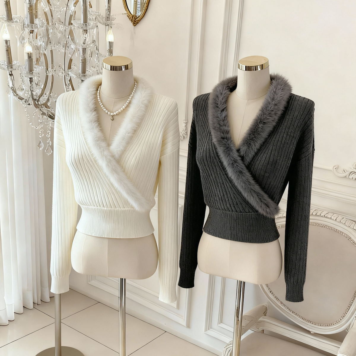 Korean V-Neck Wool Sweater with Fur Collar for Women Winter 2026 - Style 4429b9