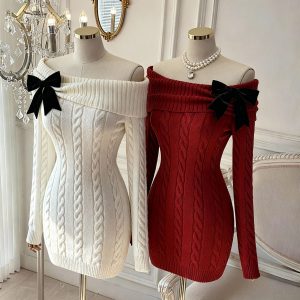 Little Chanel Style Bow Knit Dress Women Off Shoulder Bodycon Sweater Dress