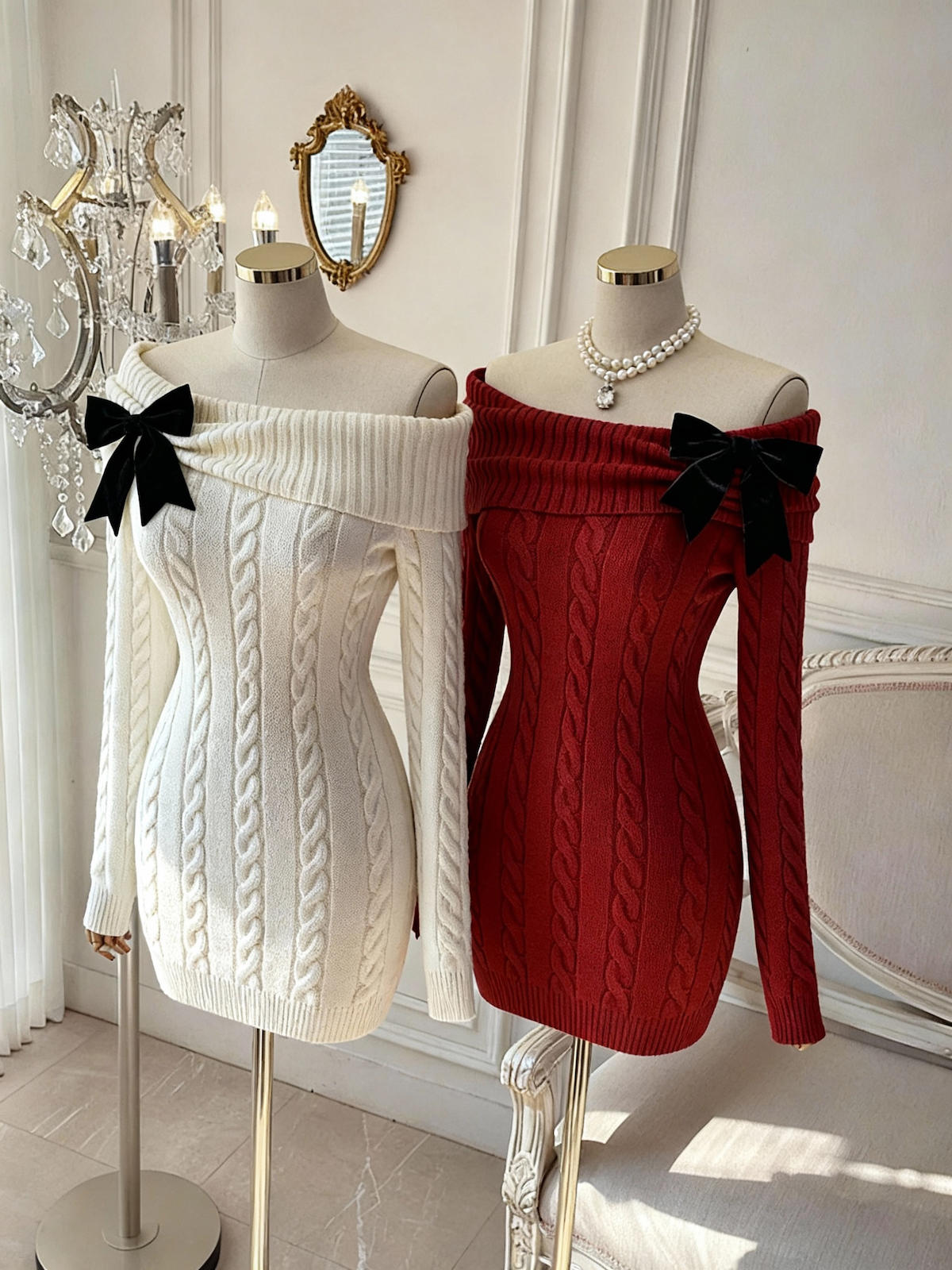 Little Chanel Style Bow Knit Dress Women Off Shoulder Bodycon Sweater Dress